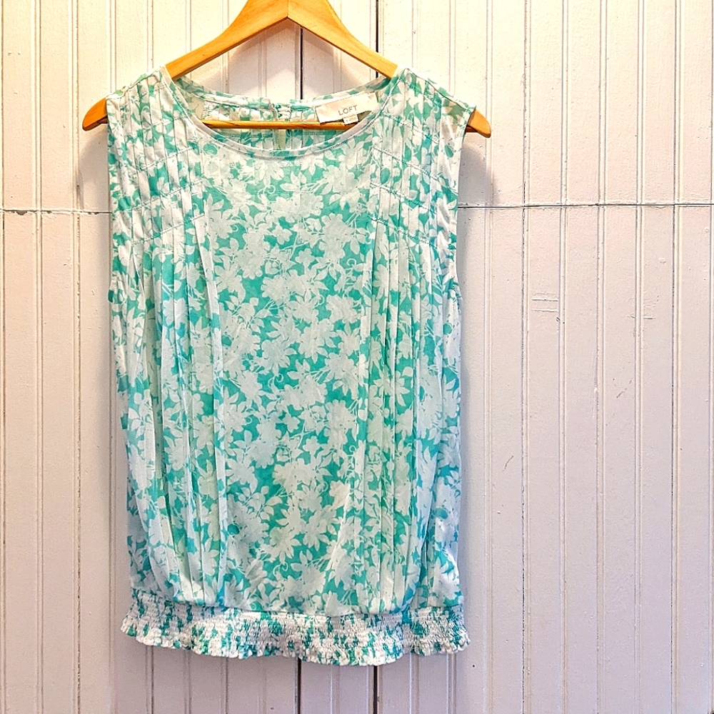 Ann Taylor Loft sleeveless teal white floral top with built in tank top size S